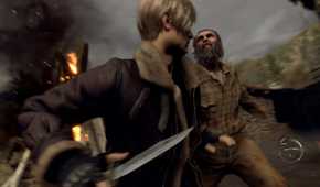 Leon attacking a zombified villager with a knife in Resident Evil 4 Remake.