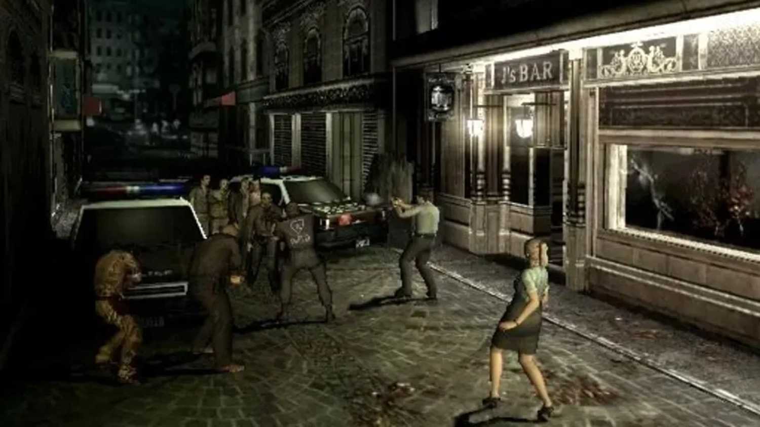 A screenshot of survivors shooting at zombies in Resident Evil Outbreak