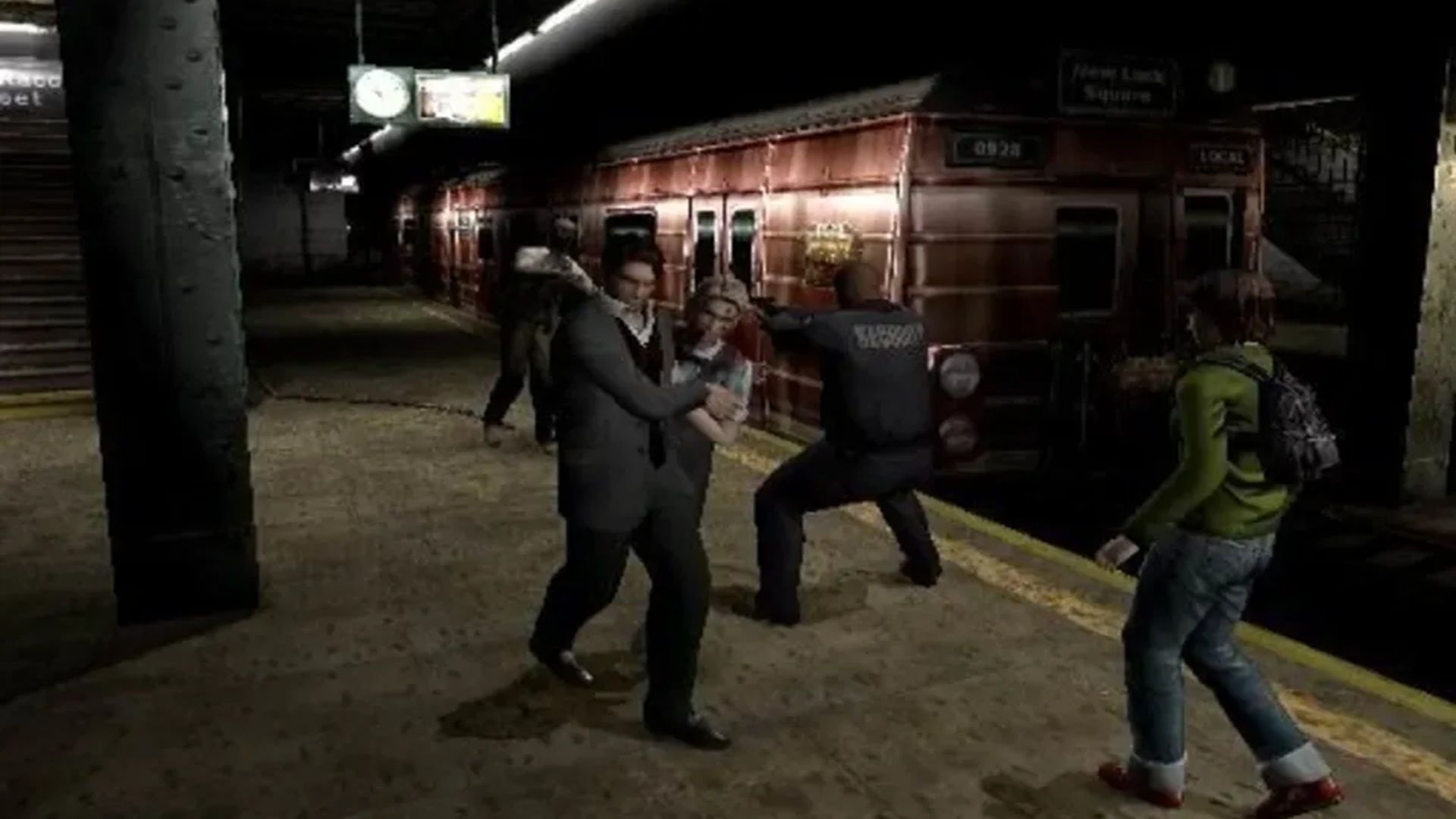 A screenshot of survivors fighting zombies within a subway in Resident Evil Outbreak