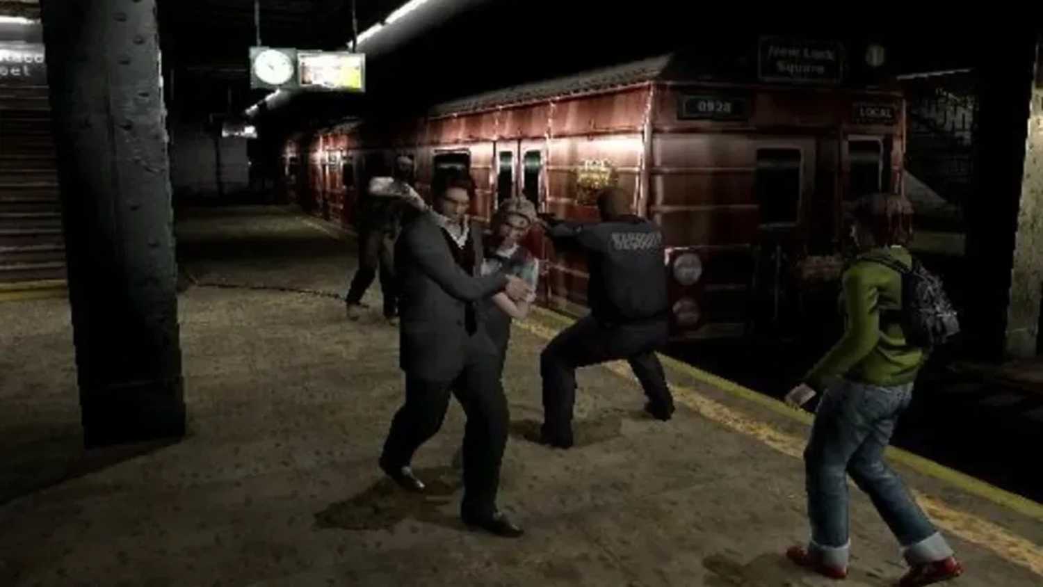 A screenshot of survivors fighting zombies within a subway in Resident Evil Outbreak