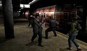 A screenshot of survivors fighting zombies within a subway in Resident Evil Outbreak