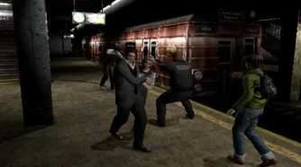 A screenshot of survivors fighting zombies within a subway in Resident Evil Outbreak