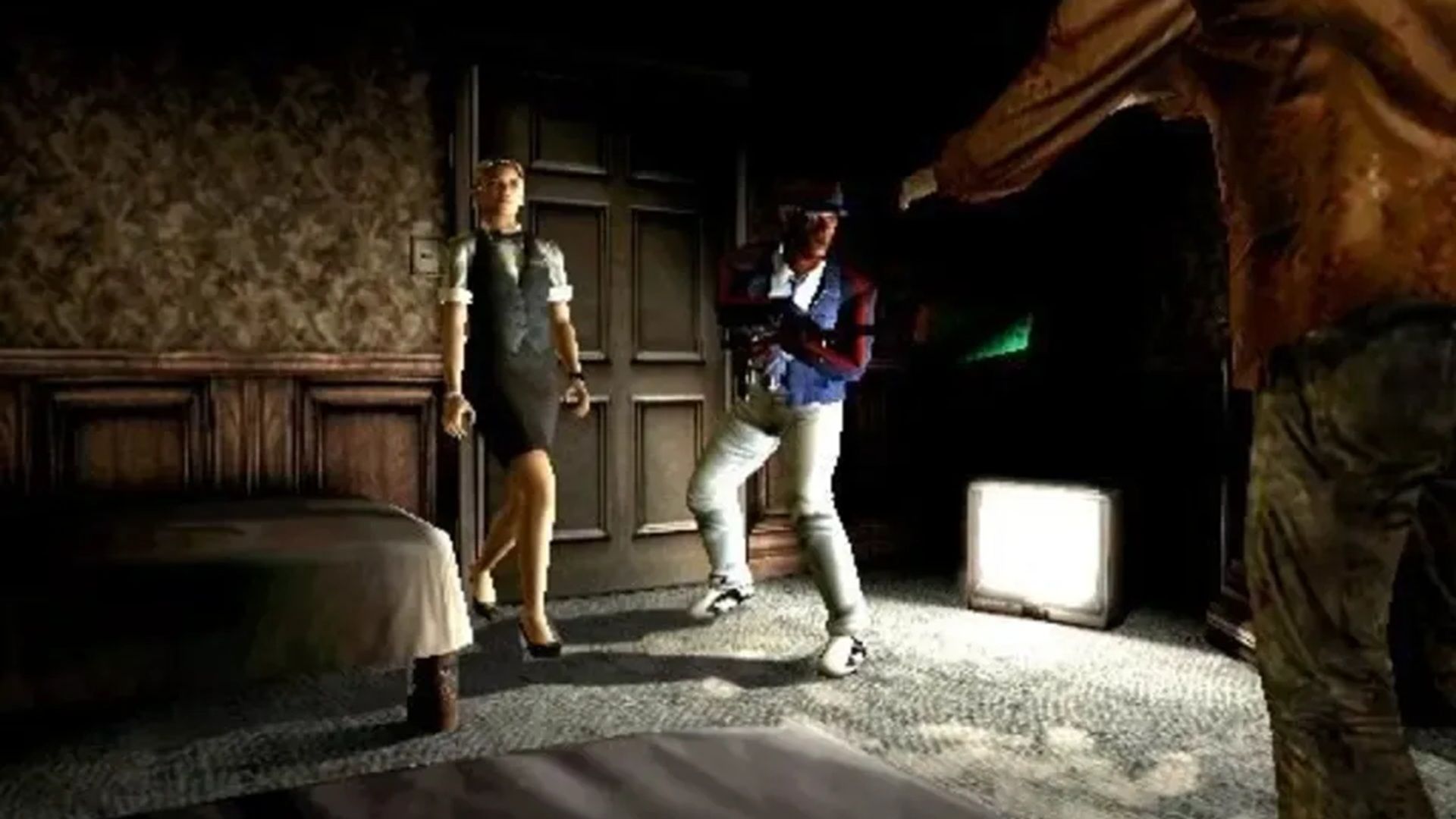 A screenshot of survivors escaping zombies within a room in Resident Evil Outbreak