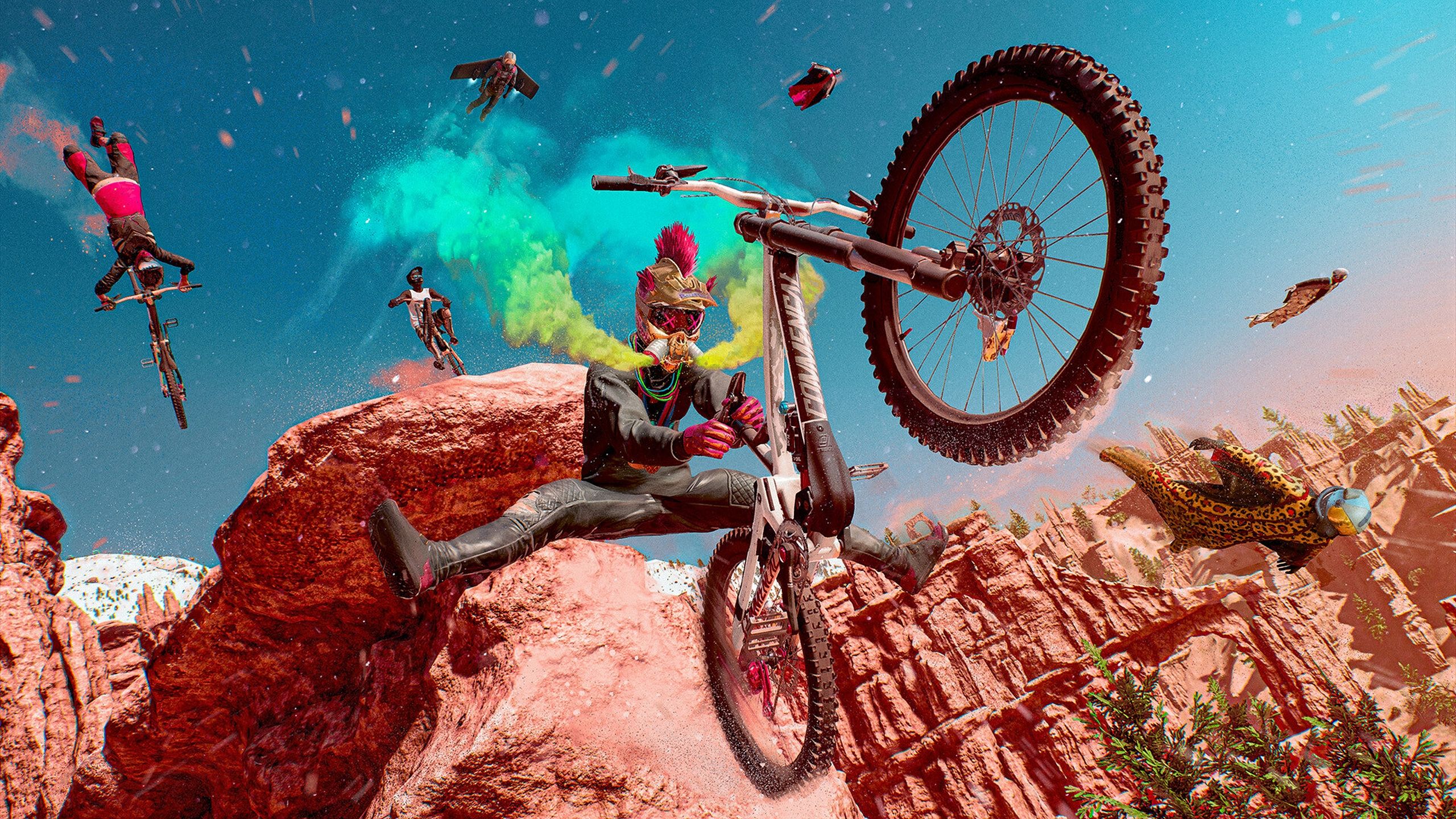 Mountain bikes midair in Riders Republic.