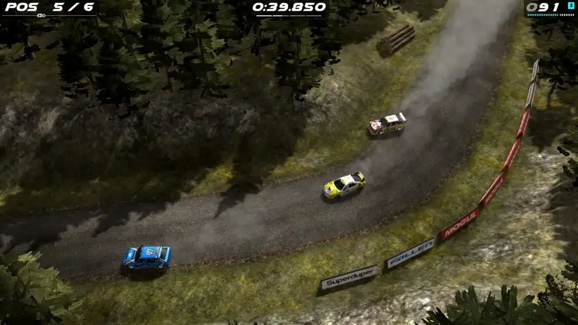 A screenshot of races with three cars during gameplay in Rush Rally Origins
