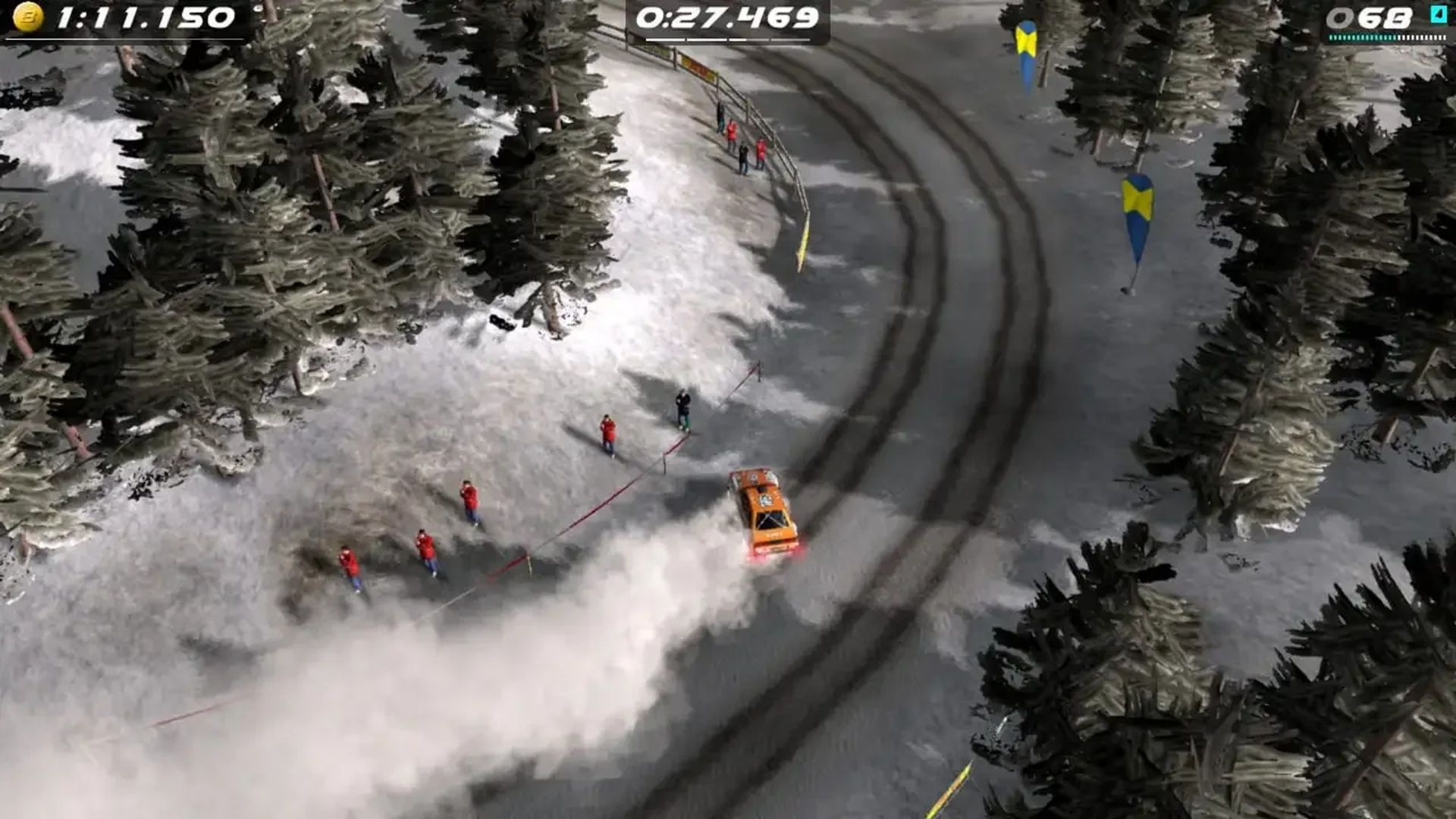 A screenshot of a race in the snow during gameplay in Rush Rally Origins