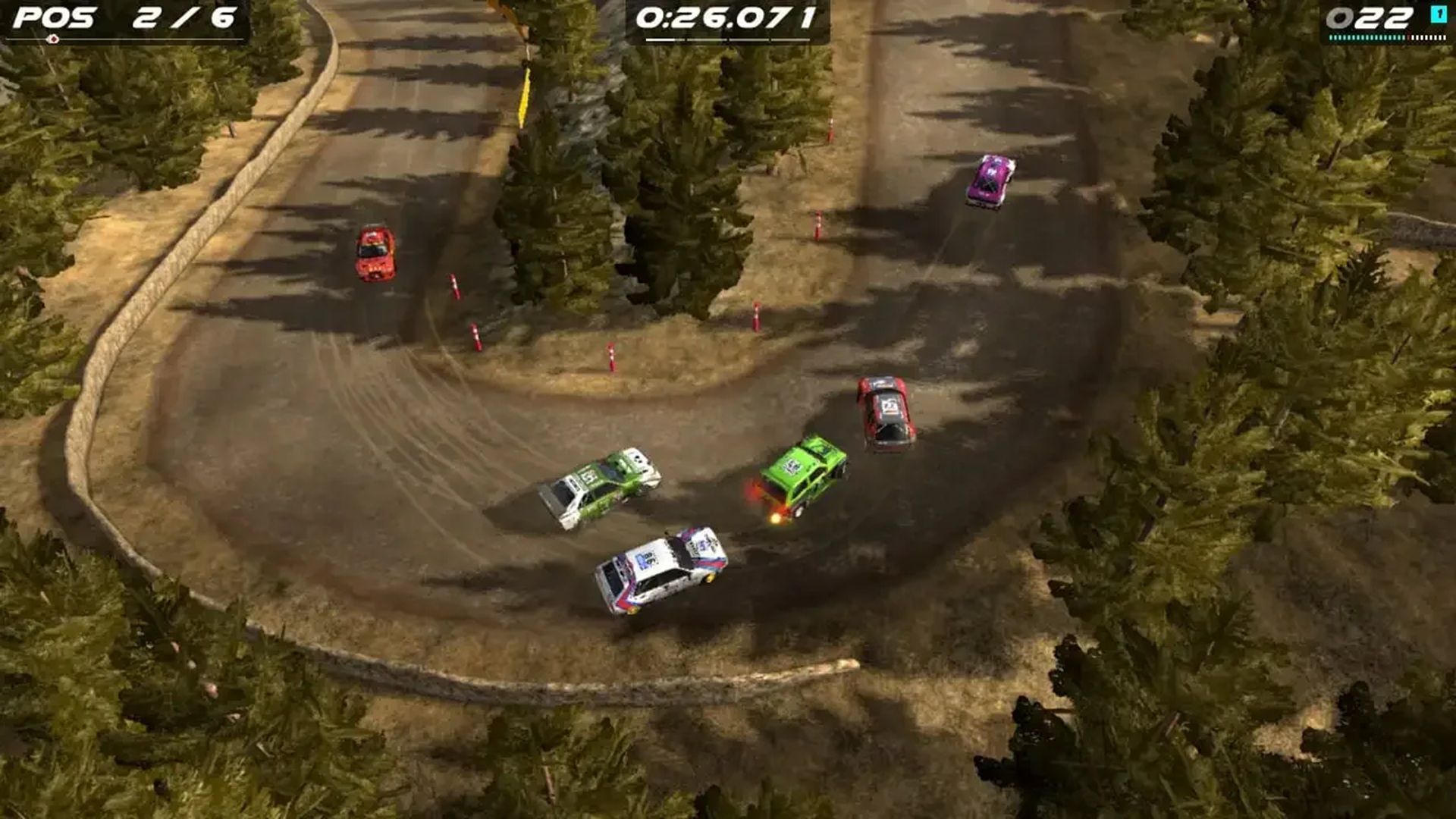 A screenshot of multiple cars in a race during gameplay in Rush Rally Origins