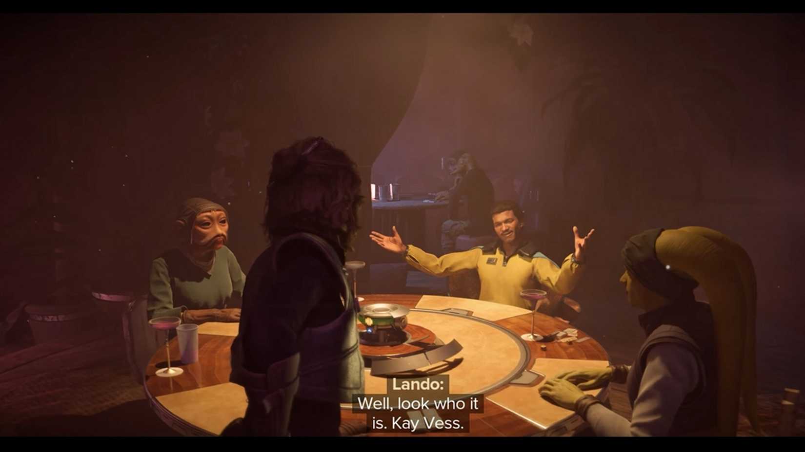 A screenshot of Kay Vess going to play Sabacc with Lando in Star Wars Outlaws