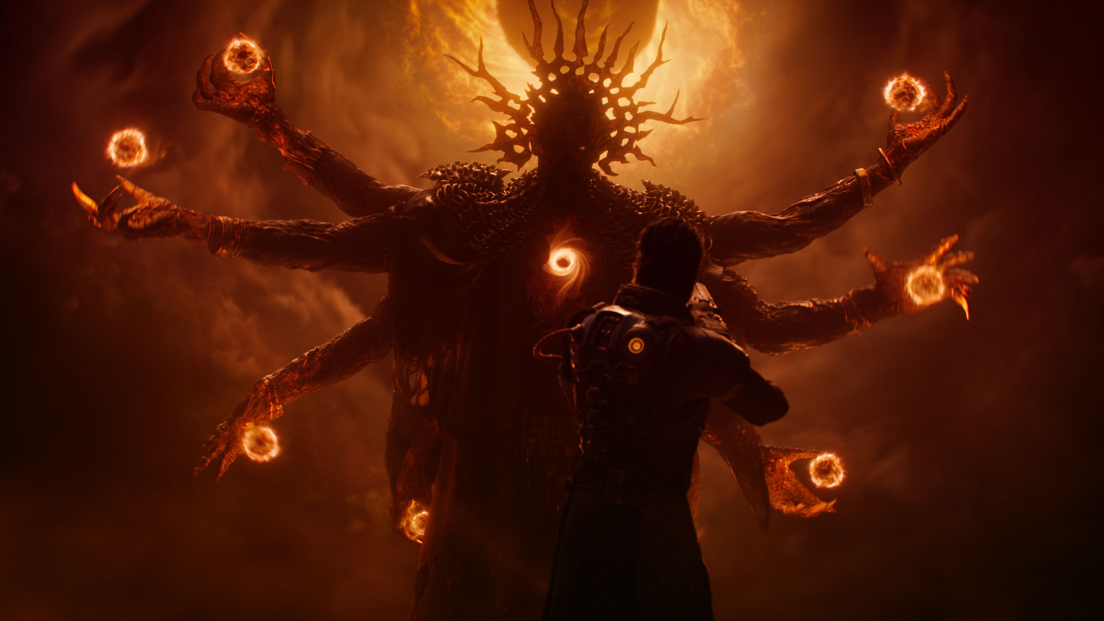 A deity and Arjun Devraj in the game Saros.