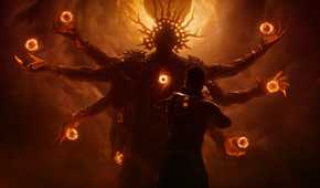 A deity and Arjun Devraj in the game Saros.