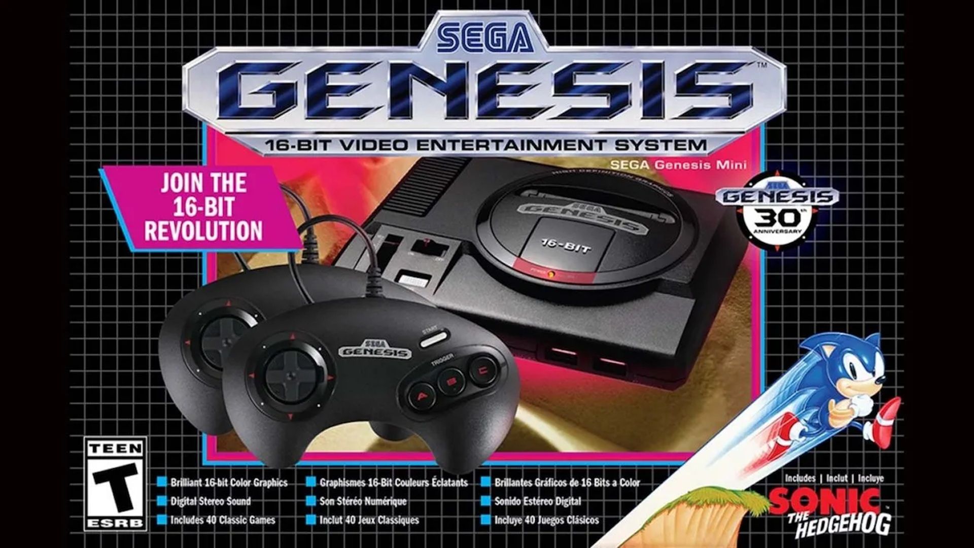 The packaging for the Sega Genesis mini console for the Genesis 30th Anniversary