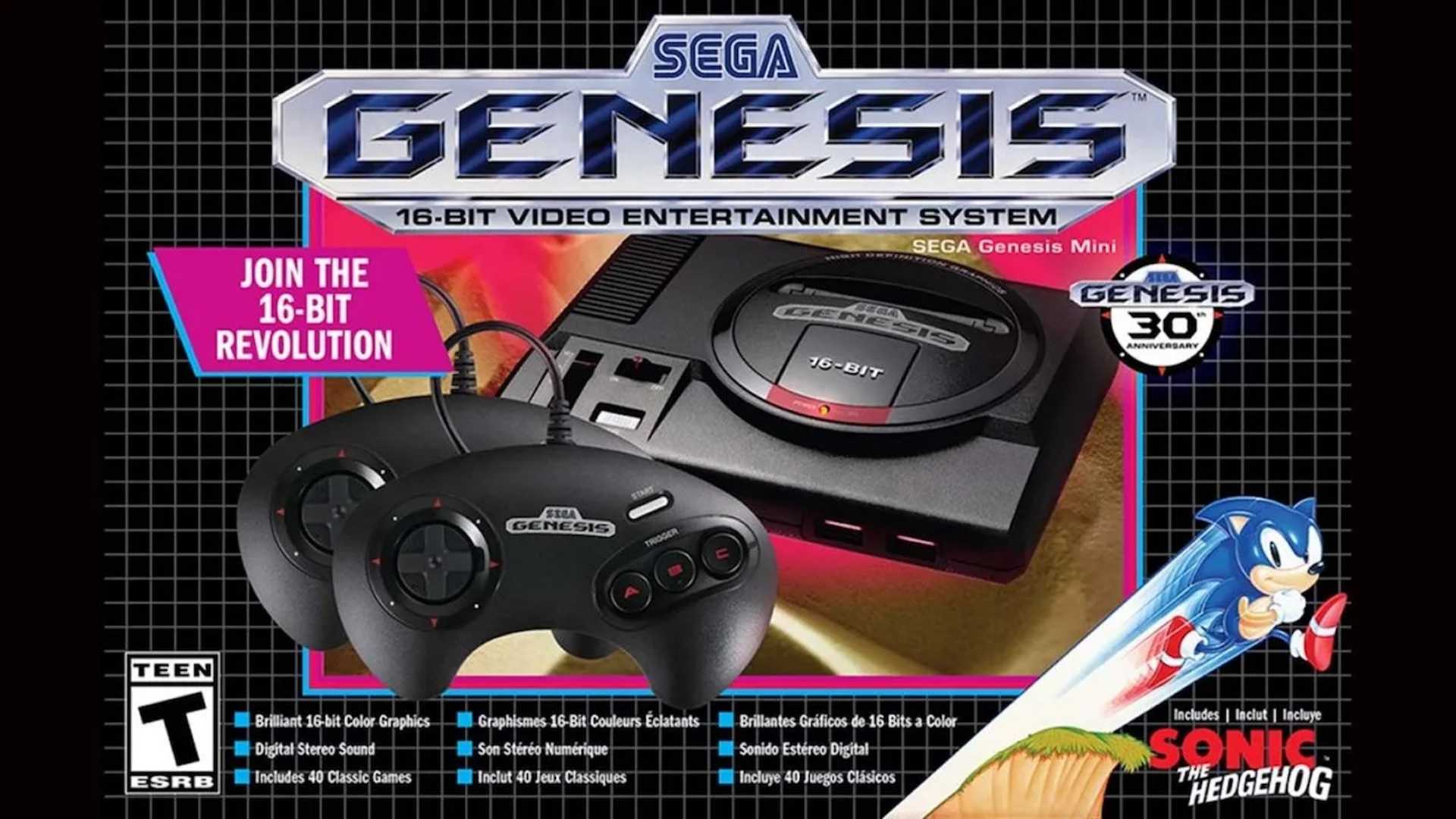 The packaging for the Sega Genesis mini console for the Genesis 30th Anniversary