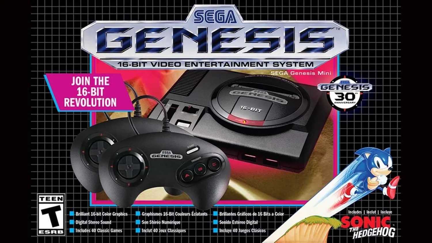 The packaging for the Sega Genesis mini console for the Genesis 30th Anniversary