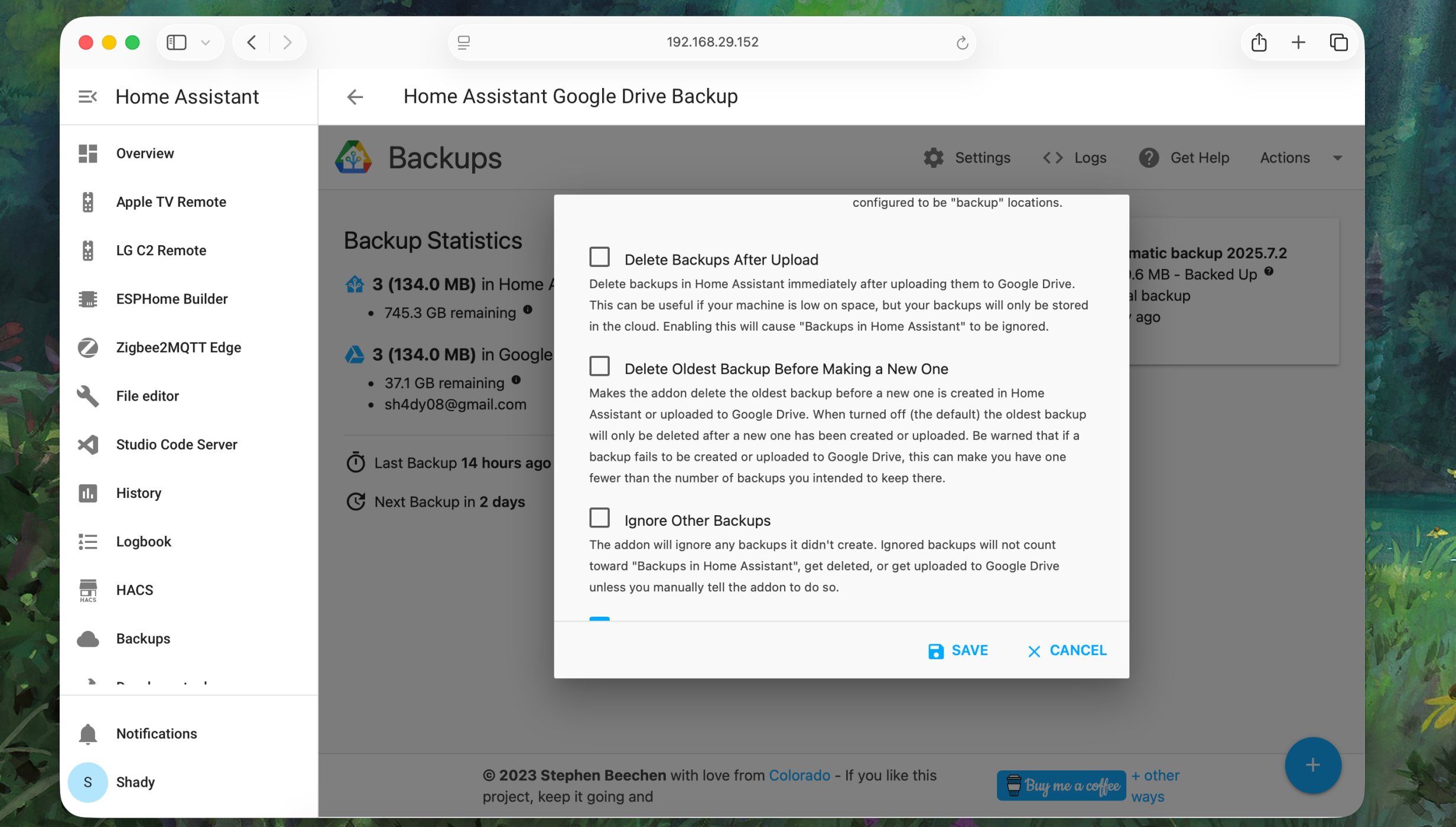 Settings for old backups in Add on