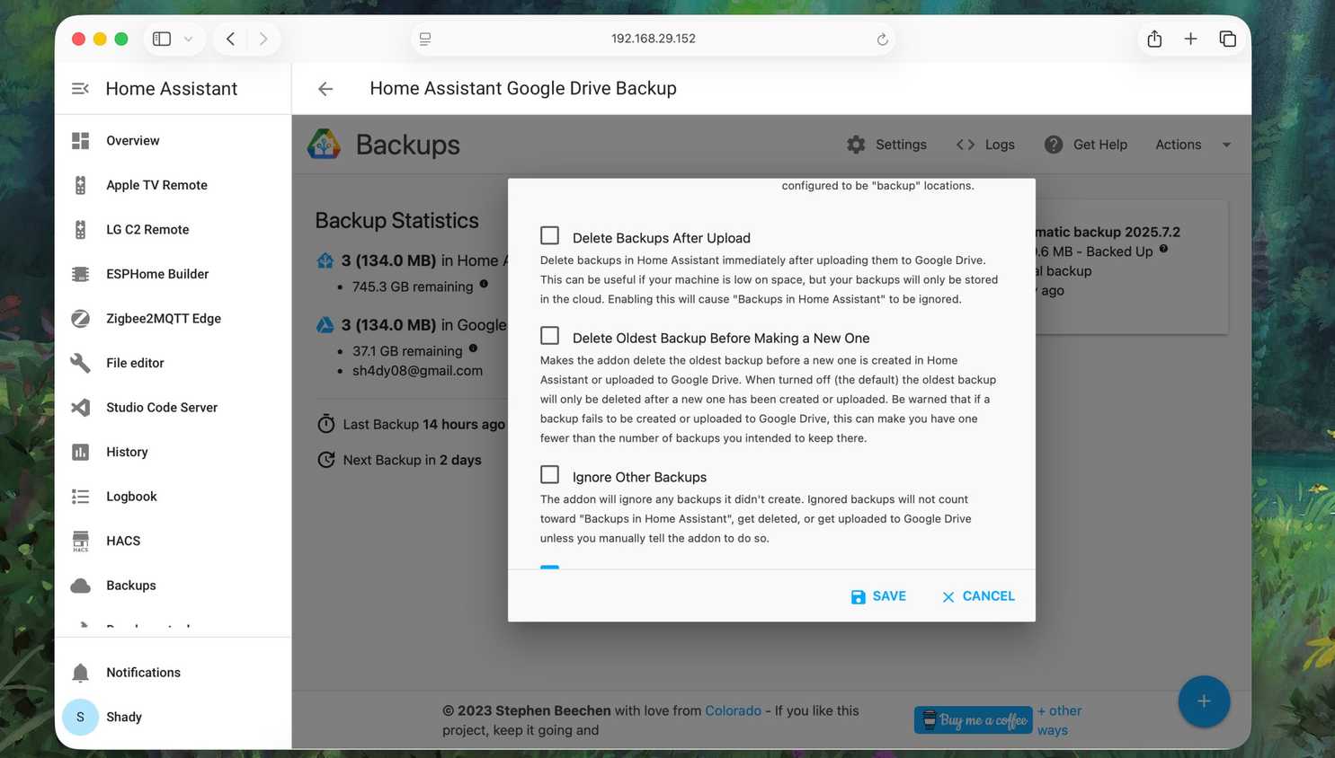 Settings for old backups in Add on