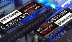 Close-up of two NVMe SSDs on a motherboard