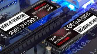 Close-up of two NVMe SSDs on a motherboard