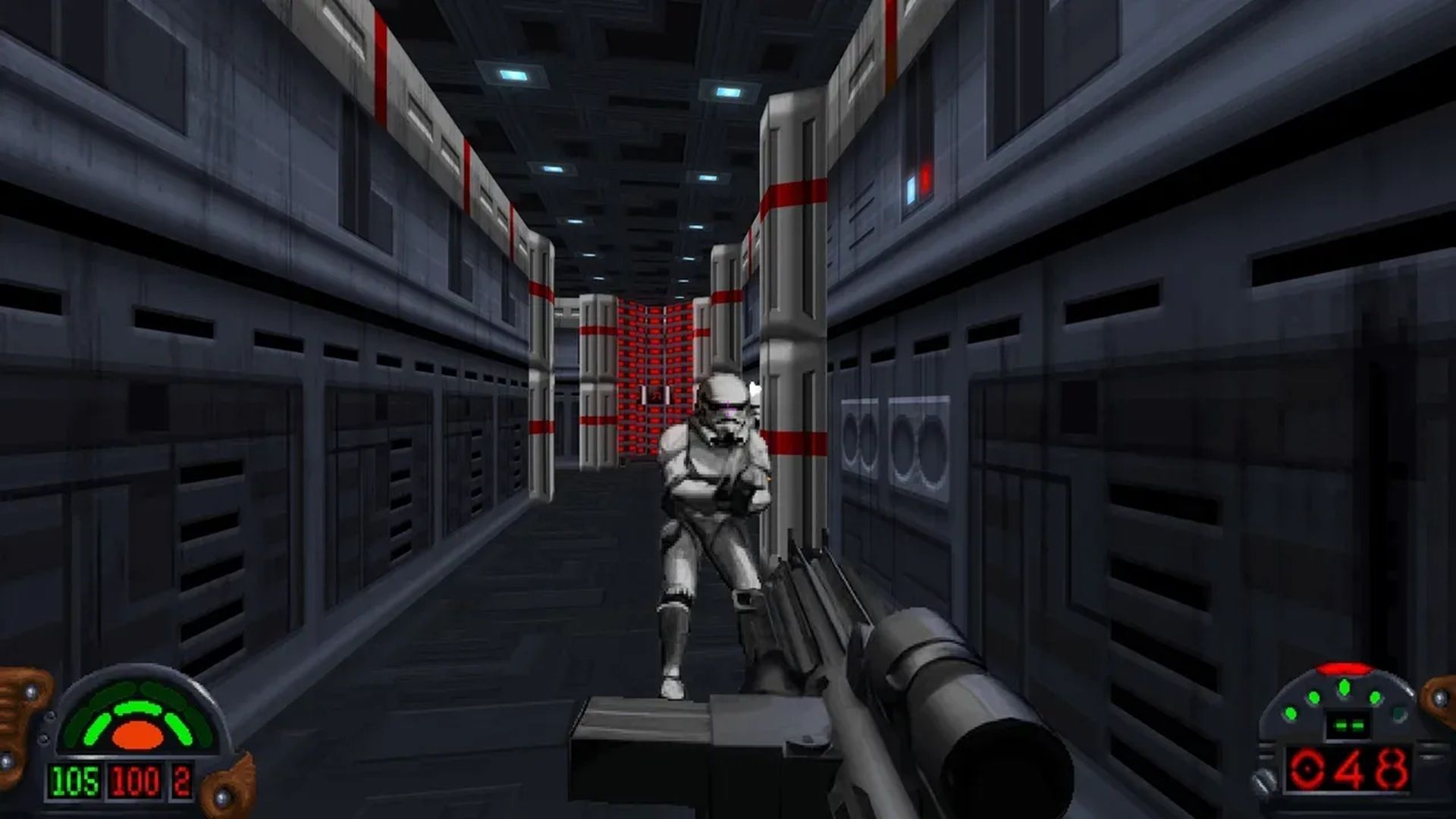 A screenshot of a shootout with a Stormtrooper from Star Wars Dark Forces Remaster