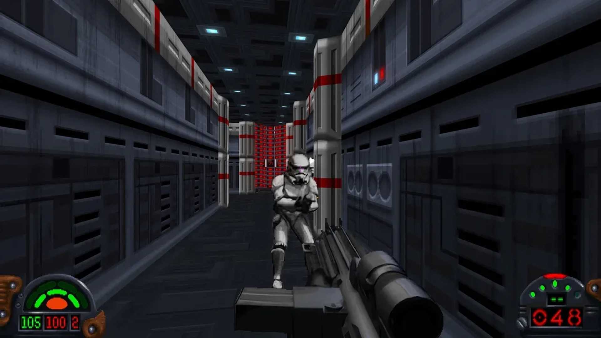 A screenshot of a shootout with a Stormtrooper from Star Wars Dark Forces Remaster