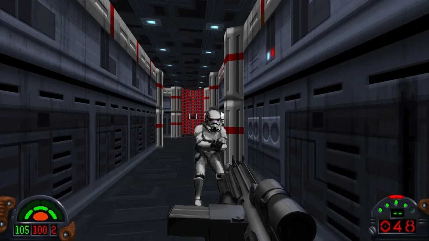 A screenshot of a shootout with a Stormtrooper from Star Wars Dark Forces Remaster
