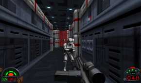 A screenshot of a shootout with a Stormtrooper from Star Wars Dark Forces Remaster