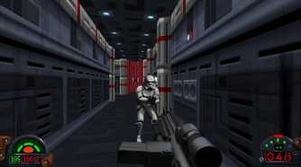 A screenshot of a shootout with a Stormtrooper from Star Wars Dark Forces Remaster