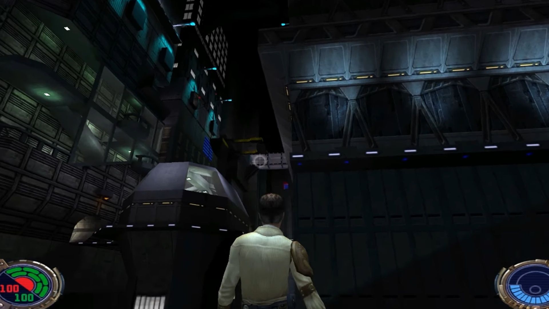 A screenshot of gameplay on the planet Nar Shaddaa in Star Wars Jedi Knight II: Jedi Outcast