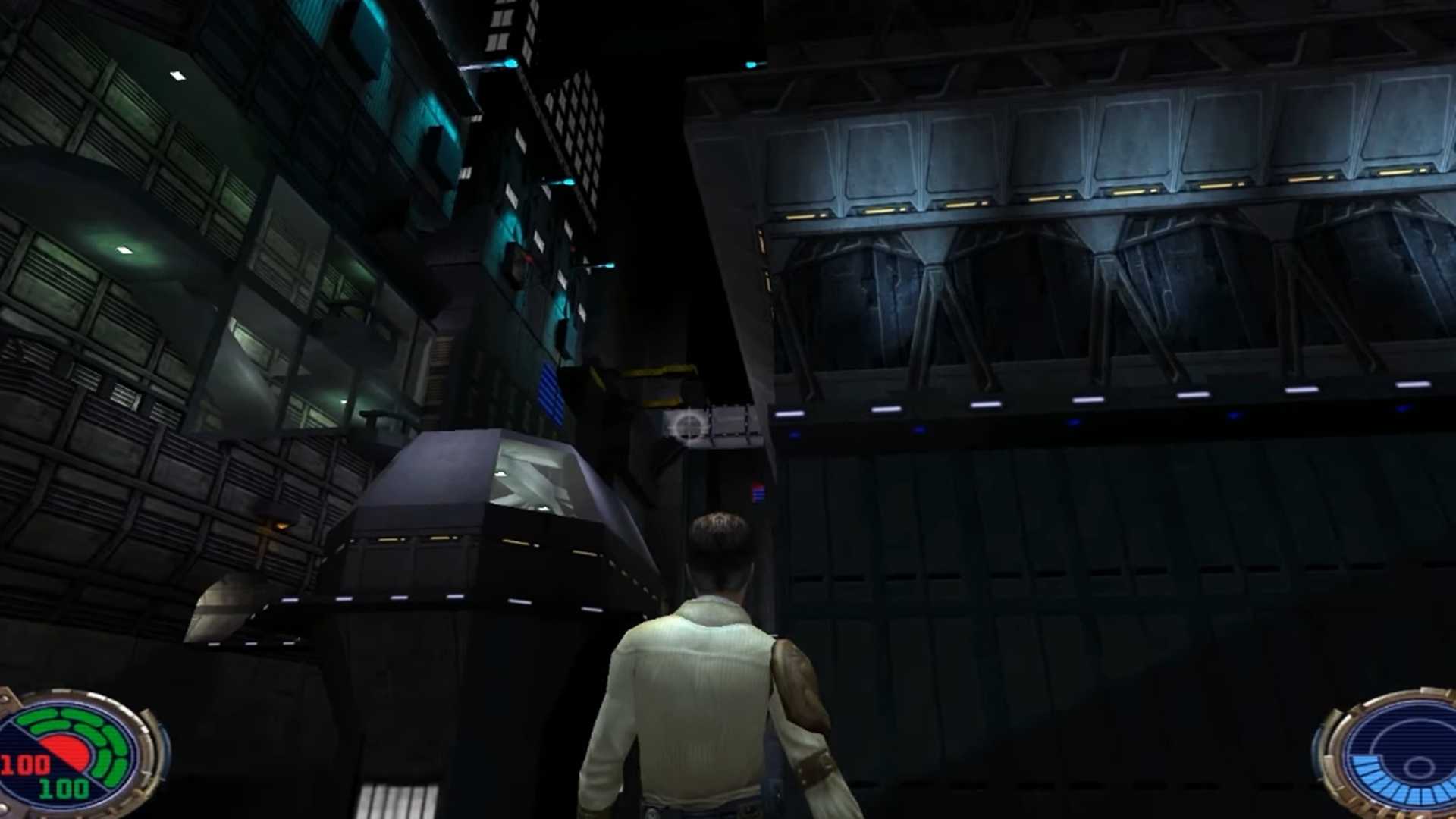 A screenshot of gameplay on the planet Nar Shaddaa in Star Wars Jedi Knight II: Jedi Outcast