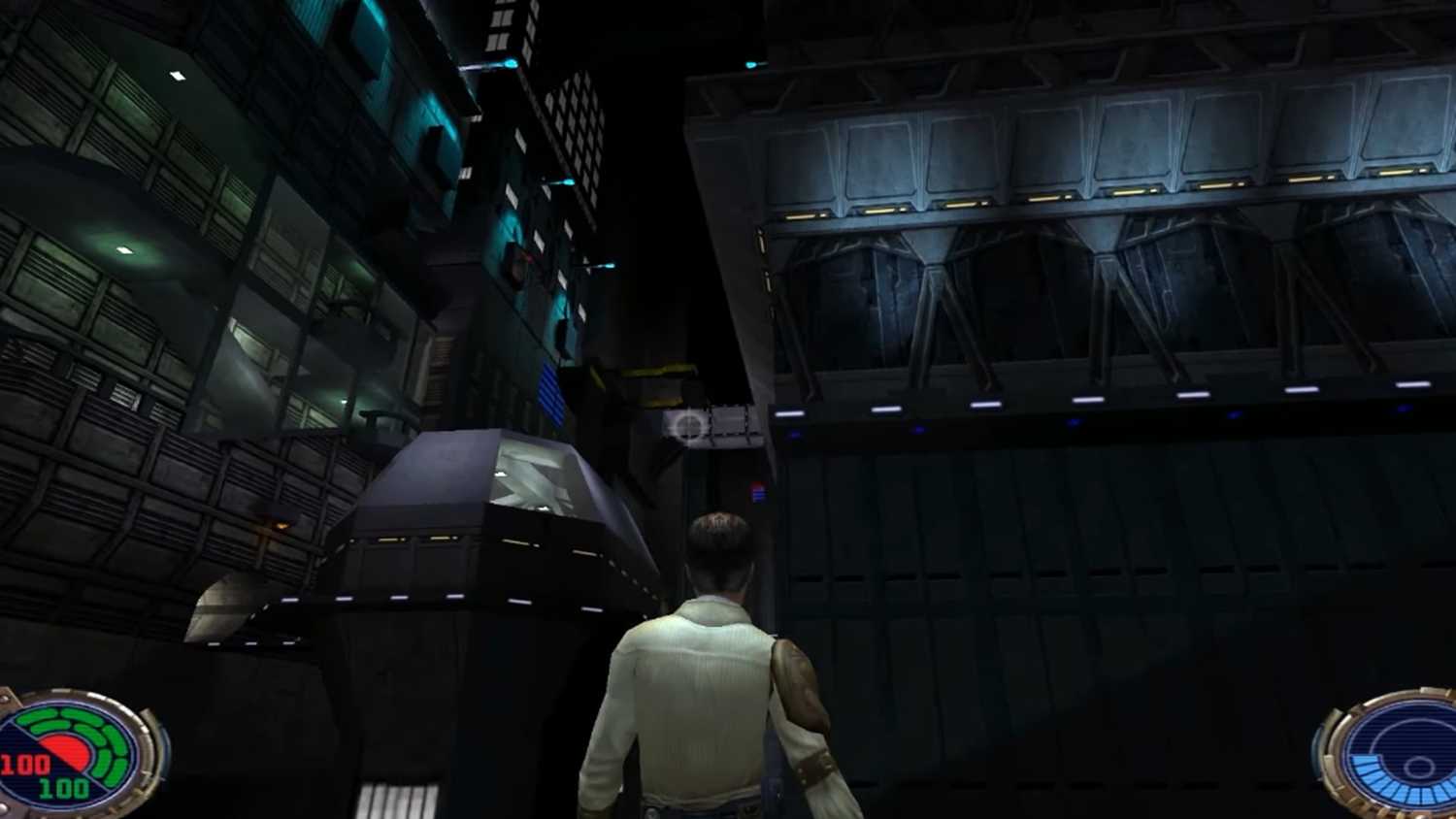 A screenshot of gameplay on the planet Nar Shaddaa in Star Wars Jedi Knight II: Jedi Outcast