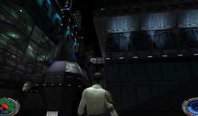 A screenshot of gameplay on the planet Nar Shaddaa in Star Wars Jedi Knight II: Jedi Outcast