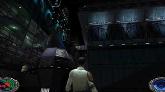 A screenshot of gameplay on the planet Nar Shaddaa in Star Wars Jedi Knight II: Jedi Outcast