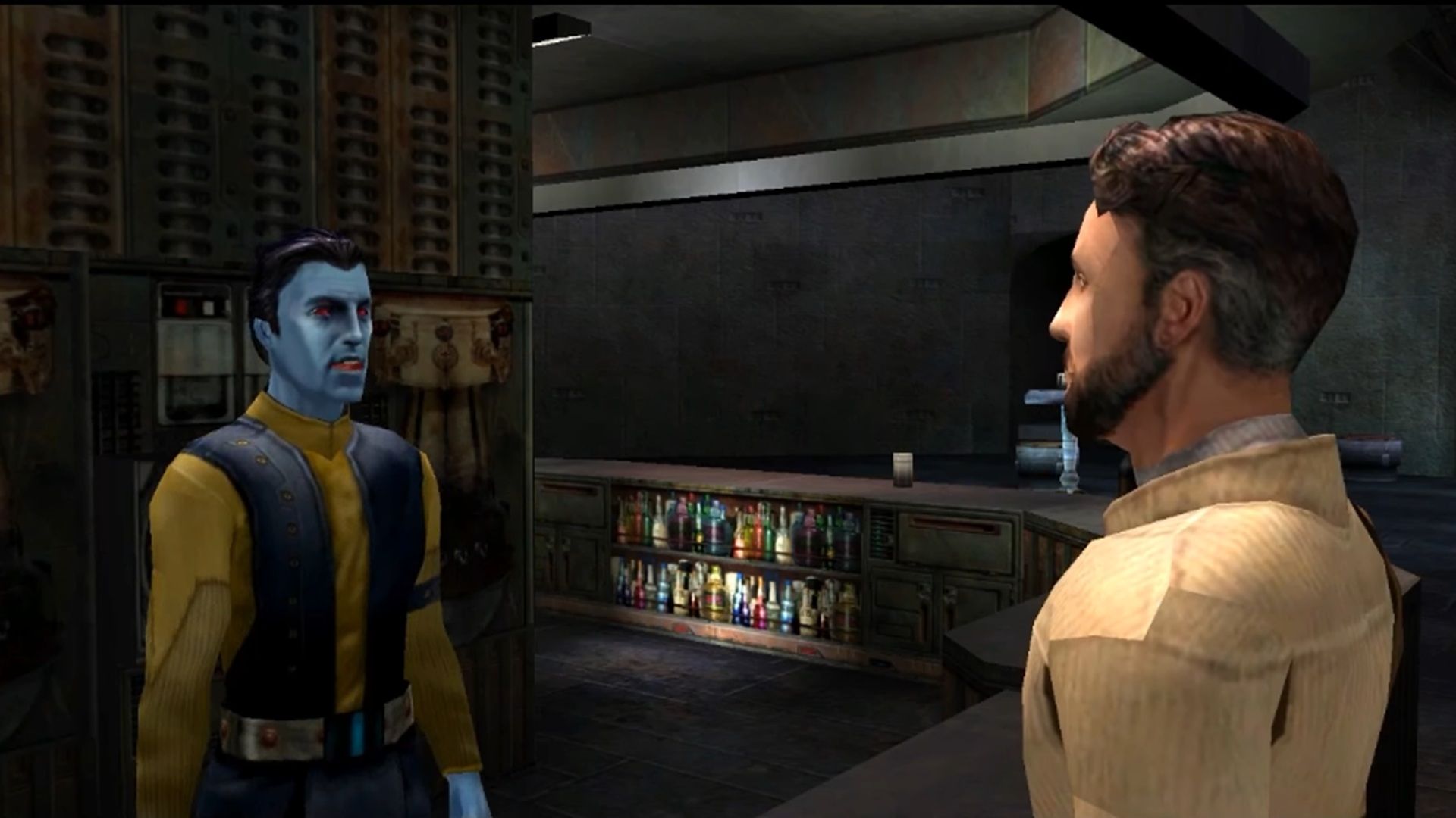 A screenshot of a cutscene on Nar Shaddaa from Star Wars Jedi Knight II: Jedi Outcast