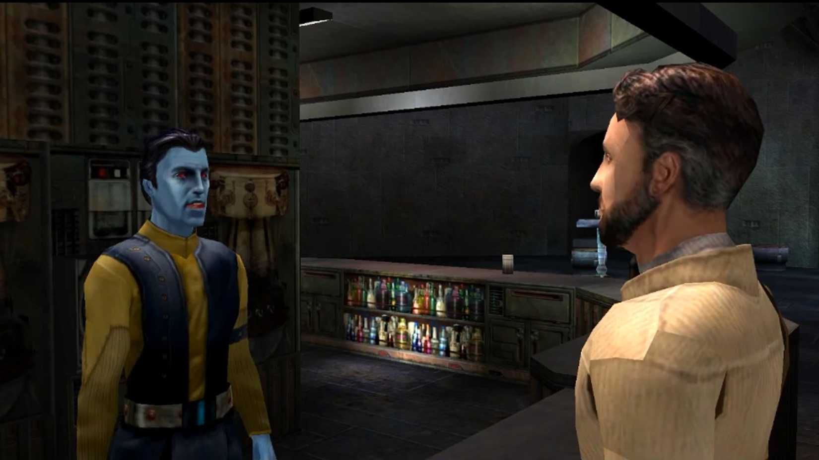 A screenshot of a cutscene on Nar Shaddaa from Star Wars Jedi Knight II: Jedi Outcast