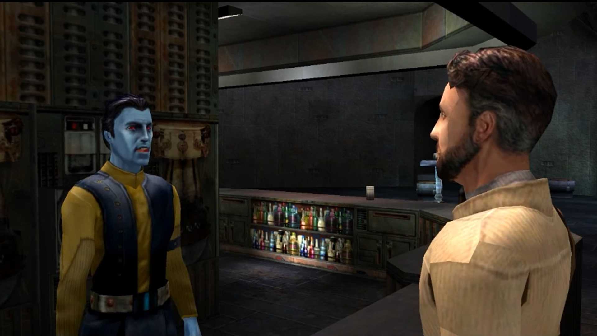 A screenshot of a cutscene on Nar Shaddaa from Star Wars Jedi Knight II: Jedi Outcast