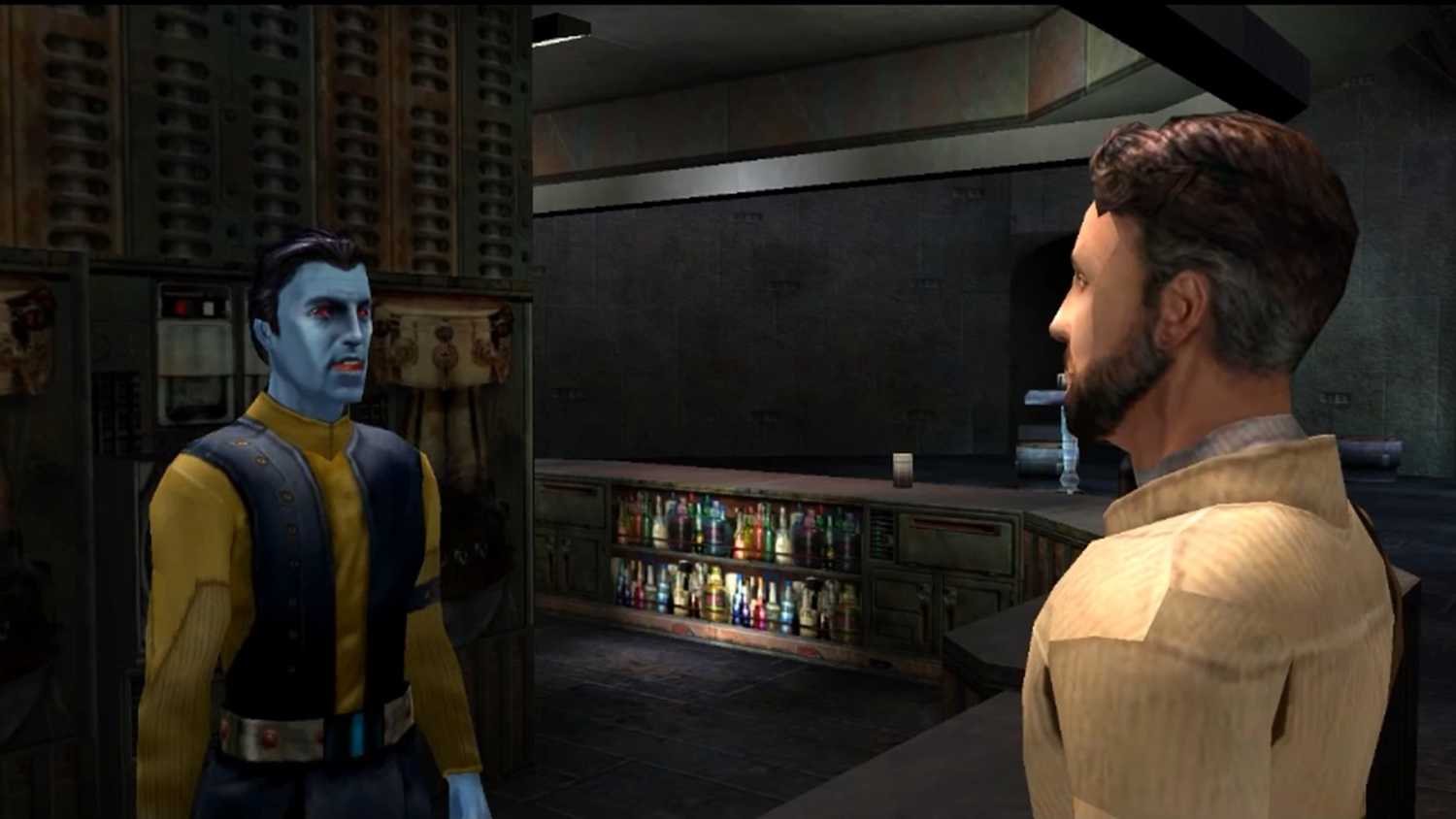 A screenshot of a cutscene on Nar Shaddaa from Star Wars Jedi Knight II: Jedi Outcast