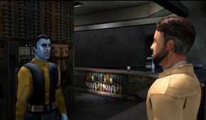 A screenshot of a cutscene on Nar Shaddaa from Star Wars Jedi Knight II: Jedi Outcast