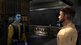 A screenshot of a cutscene on Nar Shaddaa from Star Wars Jedi Knight II: Jedi Outcast