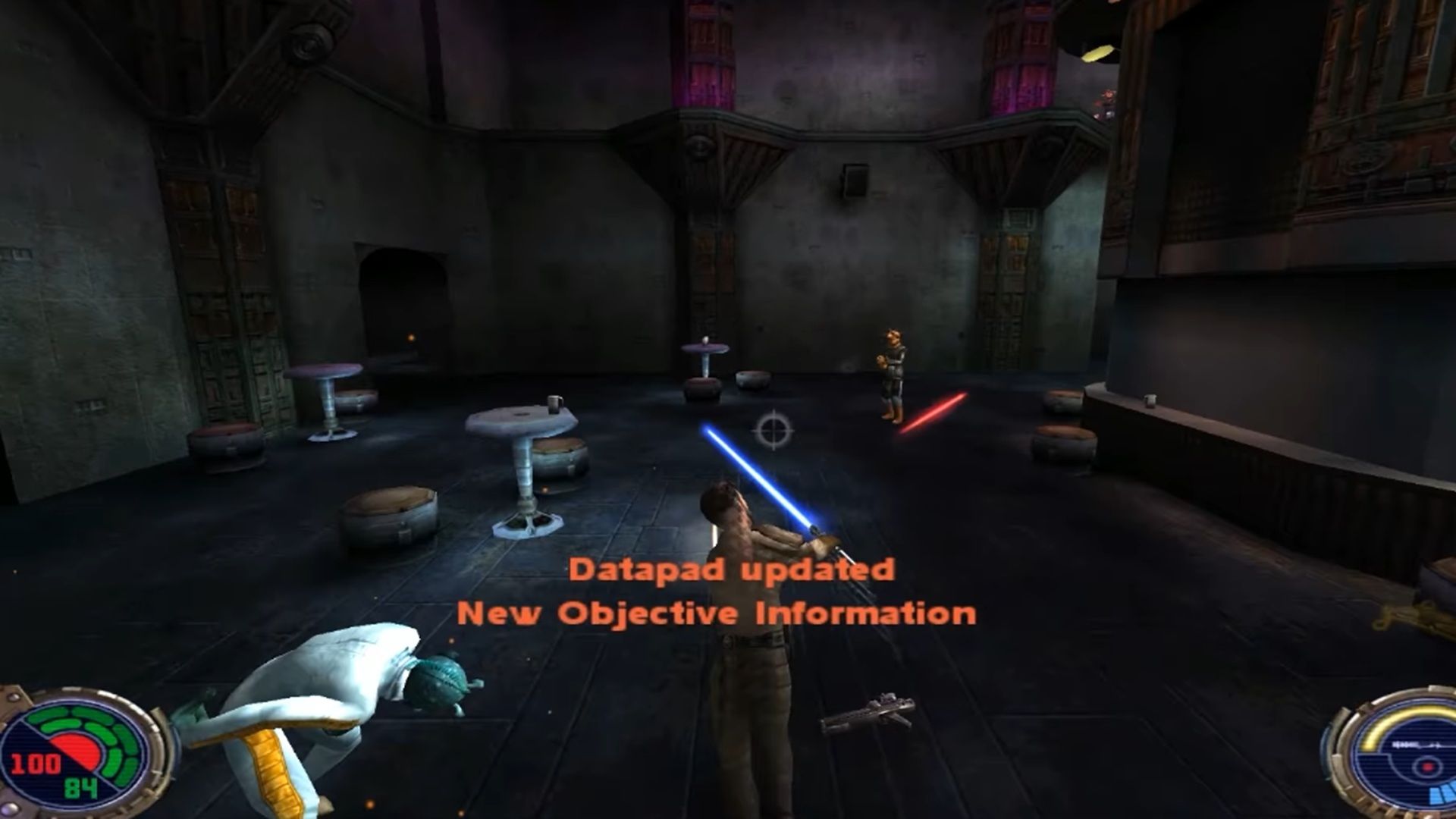 A screenshot of lightsaber combat on Nar Shaddaa from Star Wars Jedi Knight II: Jedi Outcast