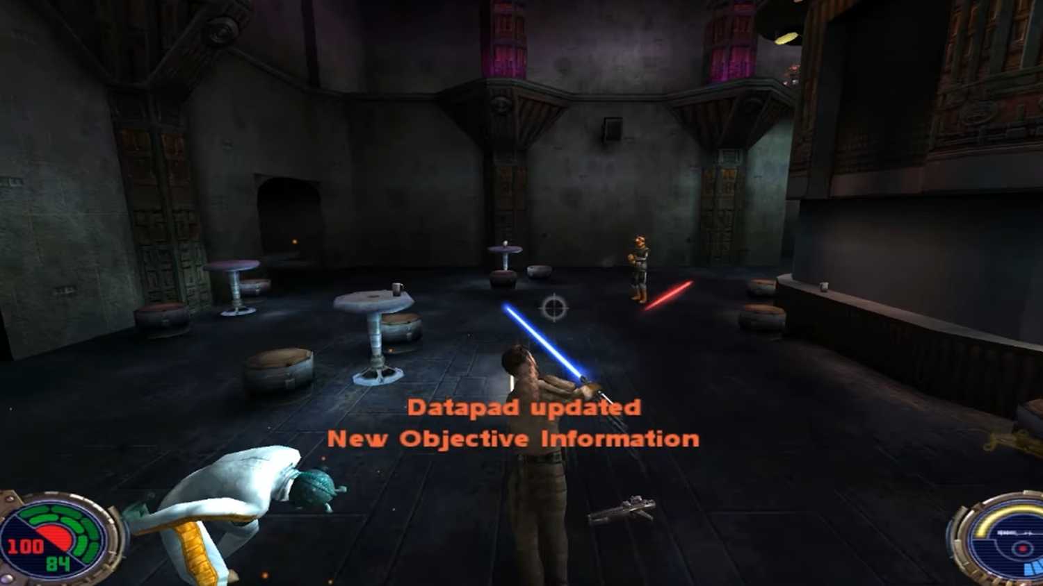 A screenshot of lightsaber combat on Nar Shaddaa from Star Wars Jedi Knight II: Jedi Outcast