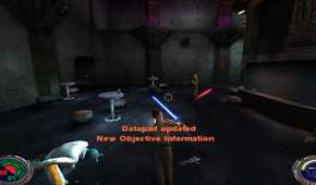 A screenshot of lightsaber combat on Nar Shaddaa from Star Wars Jedi Knight II: Jedi Outcast