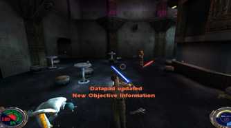 A screenshot of lightsaber combat on Nar Shaddaa from Star Wars Jedi Knight II: Jedi Outcast