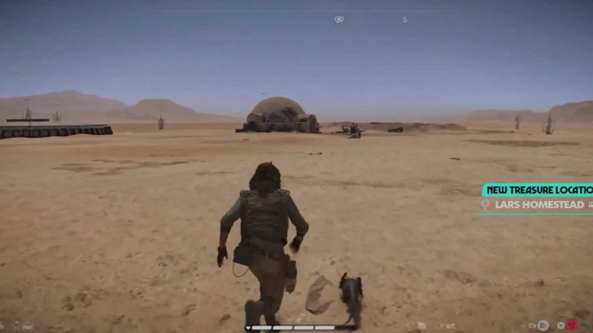 A screenshot of gameplay at the Lars Homestead on Tatooine from Star Wars Outlaws