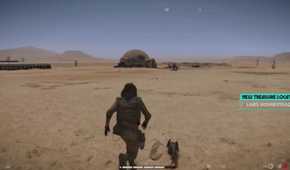 A screenshot of gameplay at the Lars Homestead on Tatooine from Star Wars Outlaws