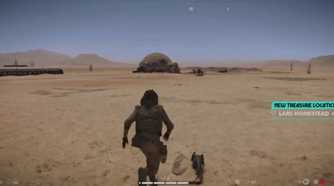 A screenshot of gameplay at the Lars Homestead on Tatooine from Star Wars Outlaws