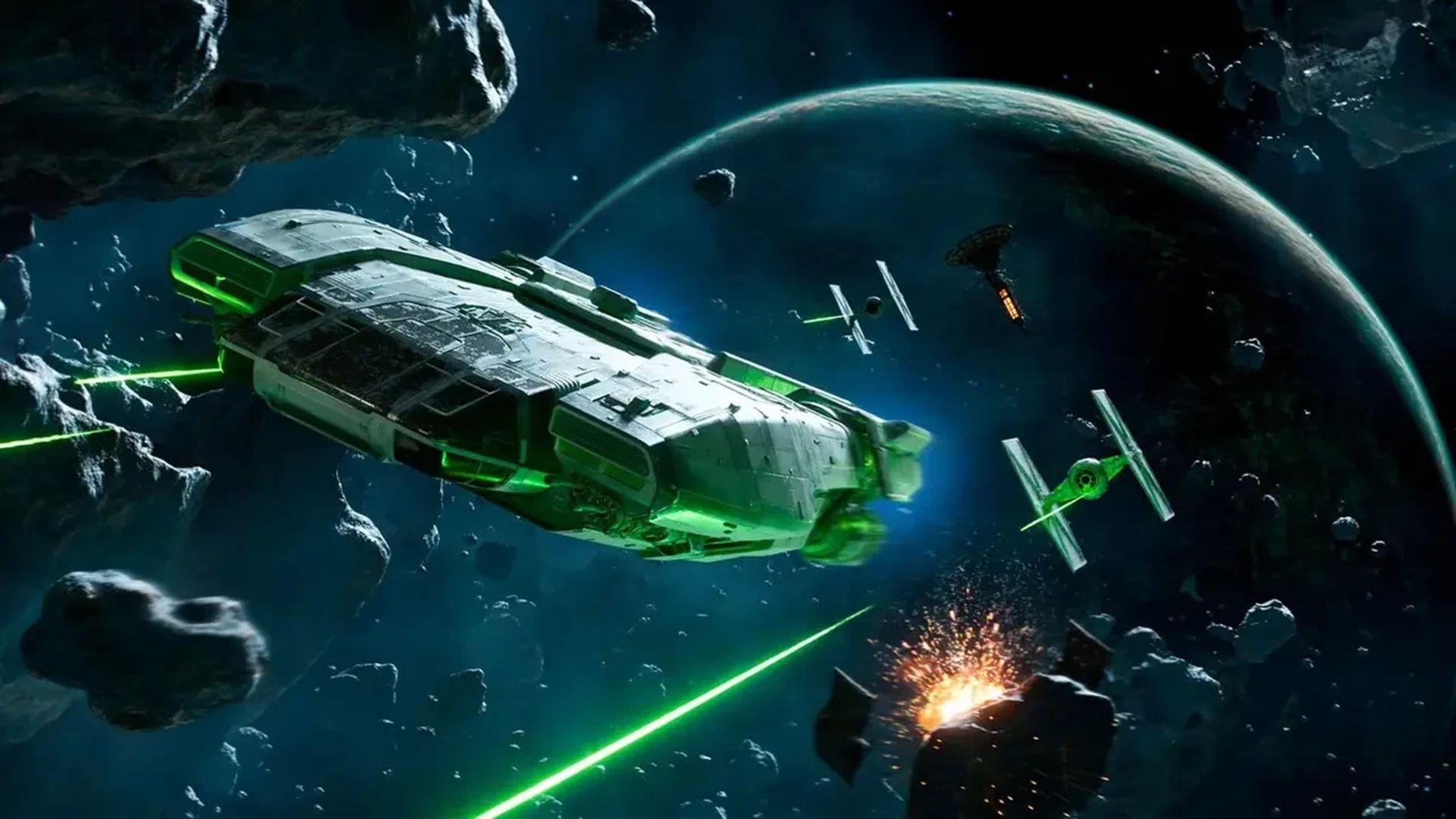 A screenshot of Kay Vess feeling TIE Fighters through space in Star Wars Outlaws