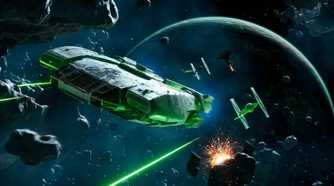 A screenshot of Kay Vess feeling TIE Fighters through space in Star Wars Outlaws
