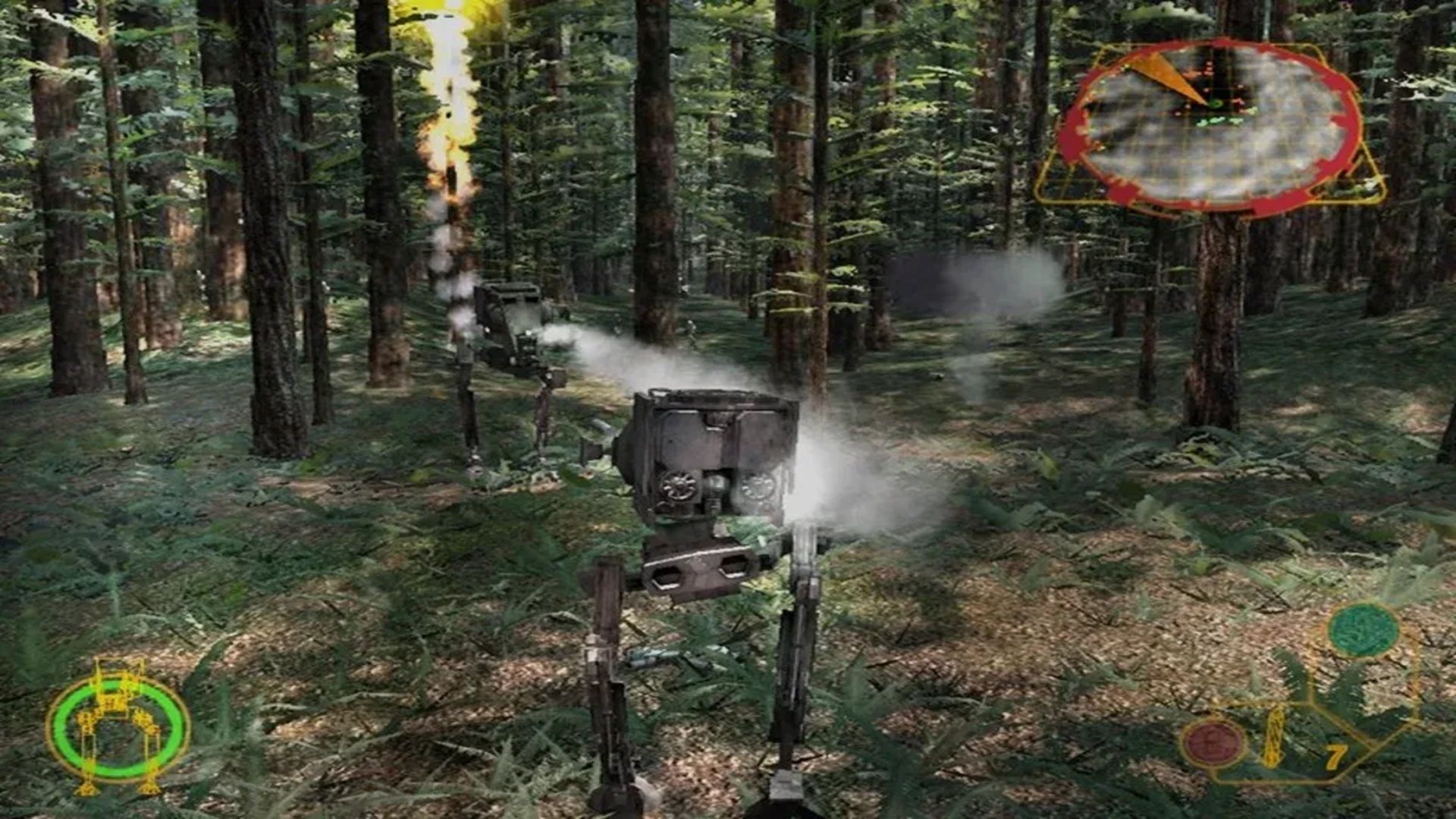 A screenshot of AT-ST gameplay on Endor from Star Wars Rogue Squadron III: Rebel Strike