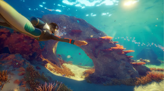 A player swimming through an arch in Subnautica 2