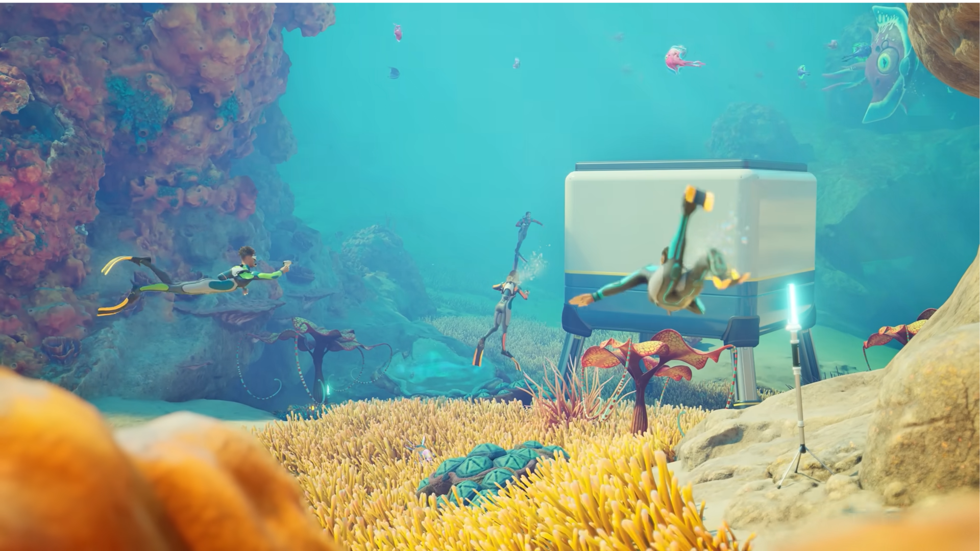 Multiple players building a base in Subnautica 2