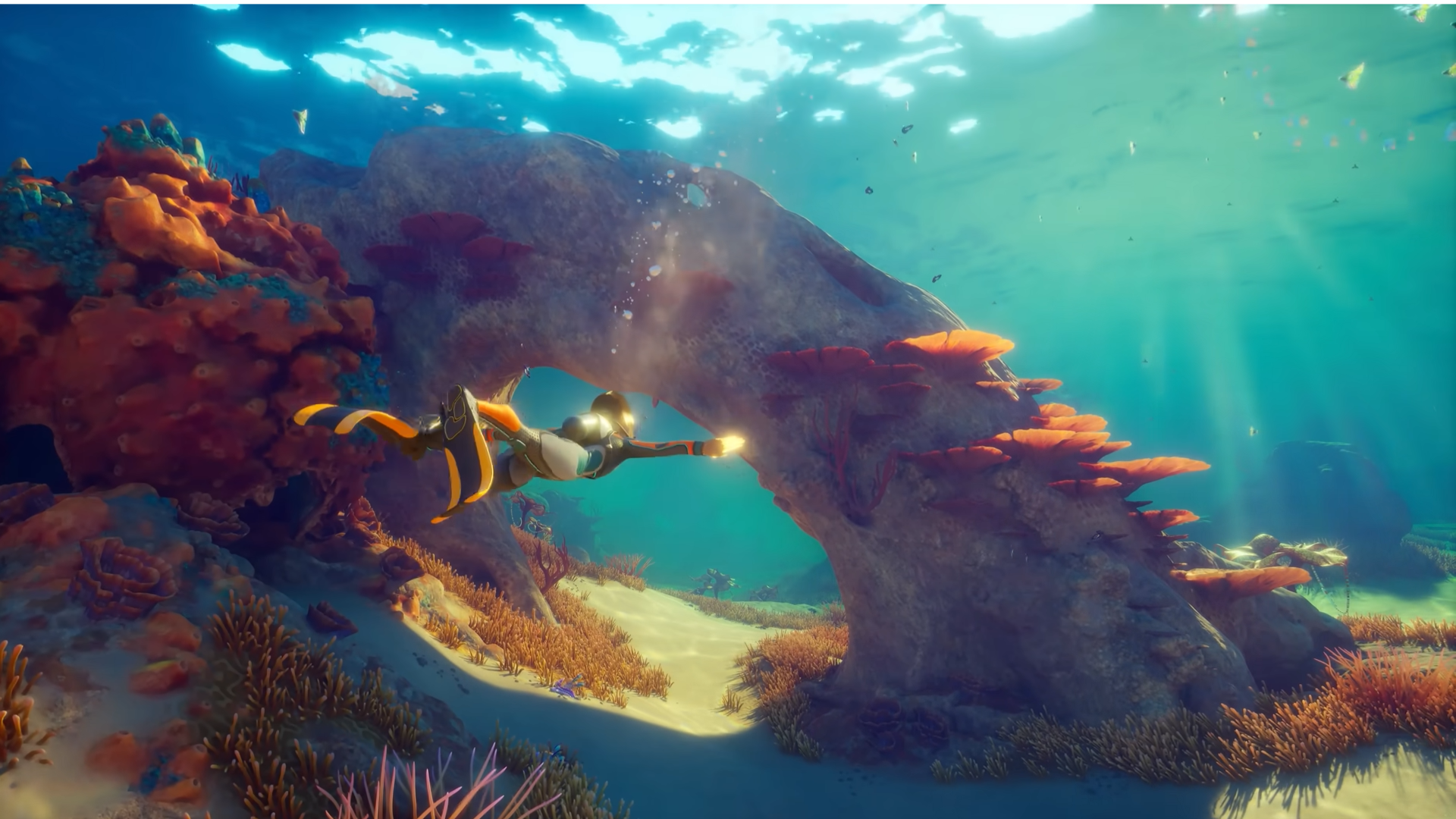 Swimming through an arch in Subnautica 2